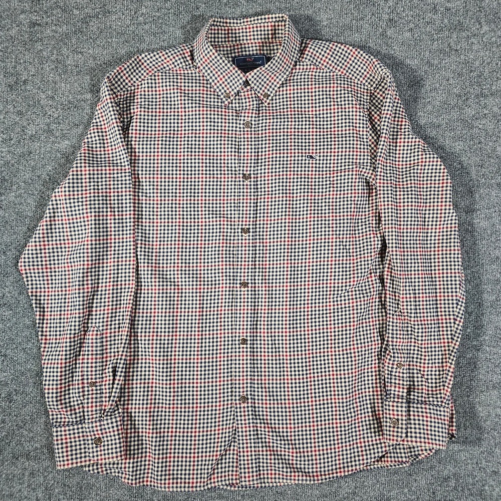 Vineyard Vines Men's Beige Red Blue Plaid Flannel Classic Fit Whale Shirt XL